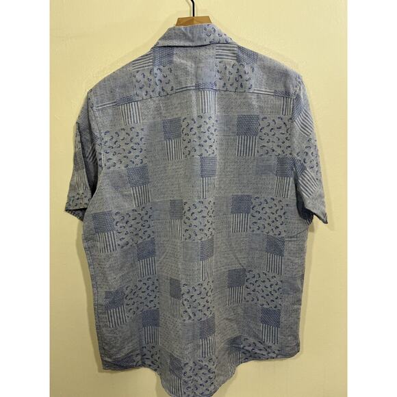 Linen Blend Boho Paisley Button Down Camp Shirt M Resort Patchwork Retro Blue - Picture 2 of 13
